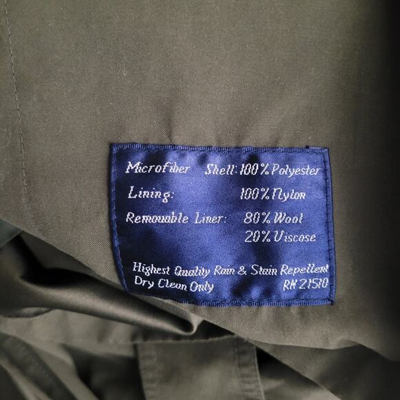 Perusal Trench Coat 44L Green Belted Classic Double Breasted Collared Wool Liner - Picture 10 of 11